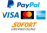 Bezahlen Sie per PayPal, Kreditkarte (Visa, Mastercard, Amex) oder Sofort Überweisung